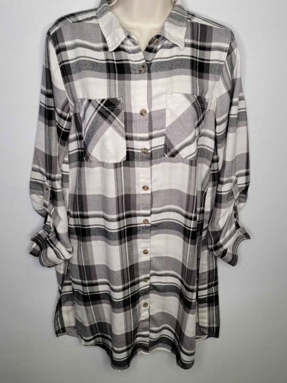 Plaid Button Down Tunic / Shirt Dress - Size M